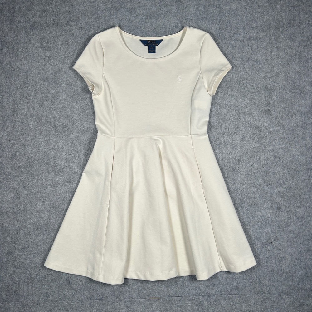 Polo Ralph Lauren Dress Girls M 8-10 Cream Fit Flare Pony Short Sleeve Casual